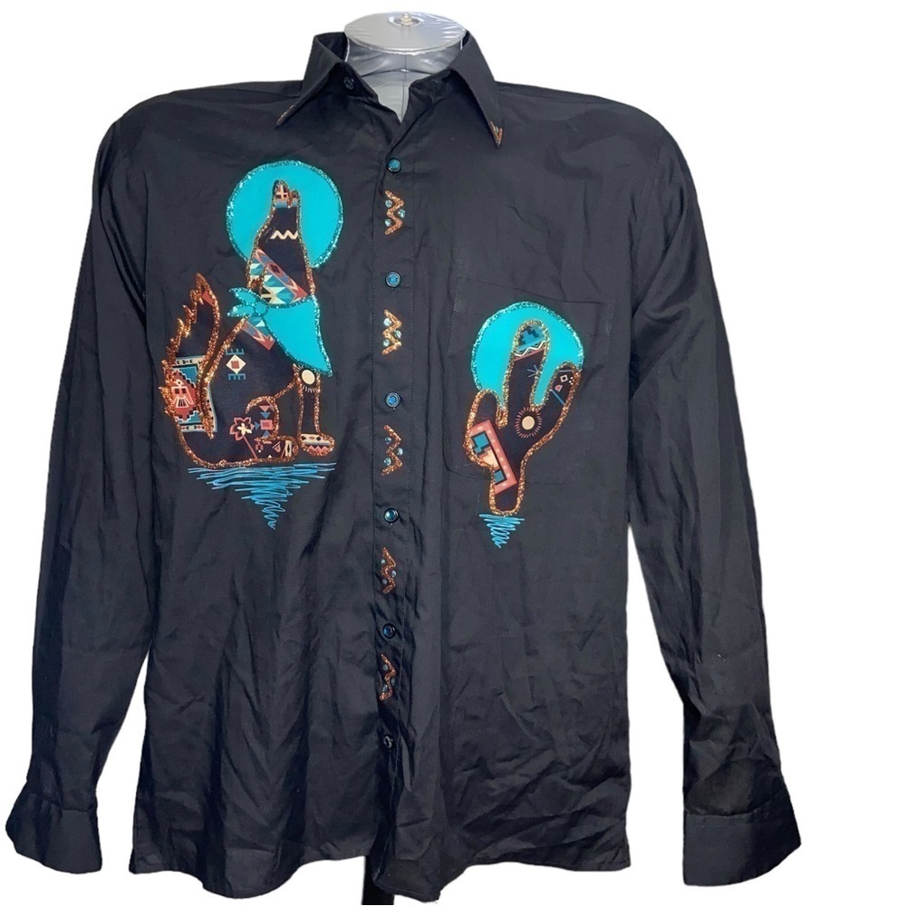 M Monticerutti Western Rodeo Cowboy Patches Glitter Wolf Flashy Button Down